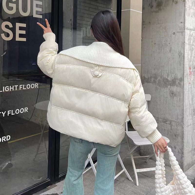 Knitted lapel down jacket women's short 2024 winter fashion splicing warm white duck down small trendy coat