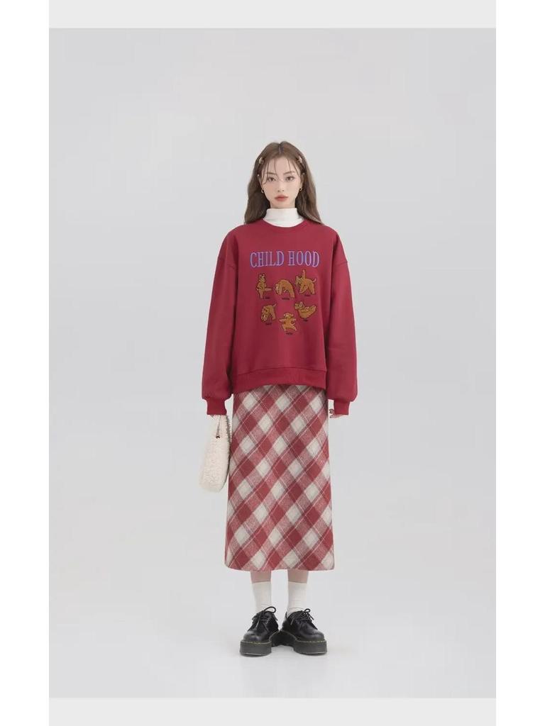 Красная шерстяная юбка в клетку с высокой талией для стройных фигур типа «груша» — корейский стиль, А-силуэт, идеально подходит для весны и осени