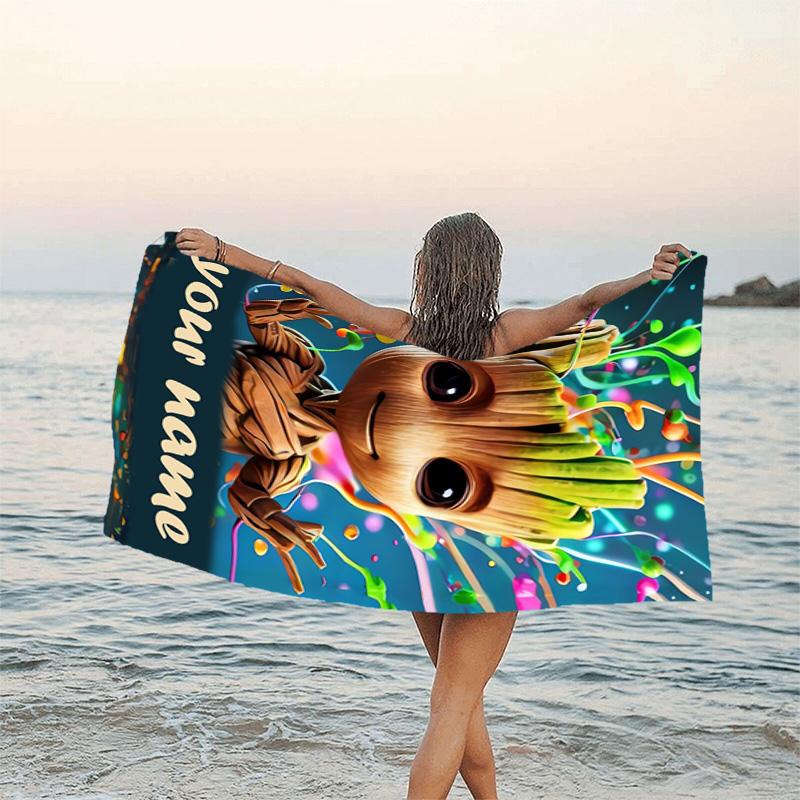 1pc Groot2 Beach Towel with Custom Name, Beach/Swimming/Bath/Picnic/Camping Towel, Suitable for Seaside Beaches