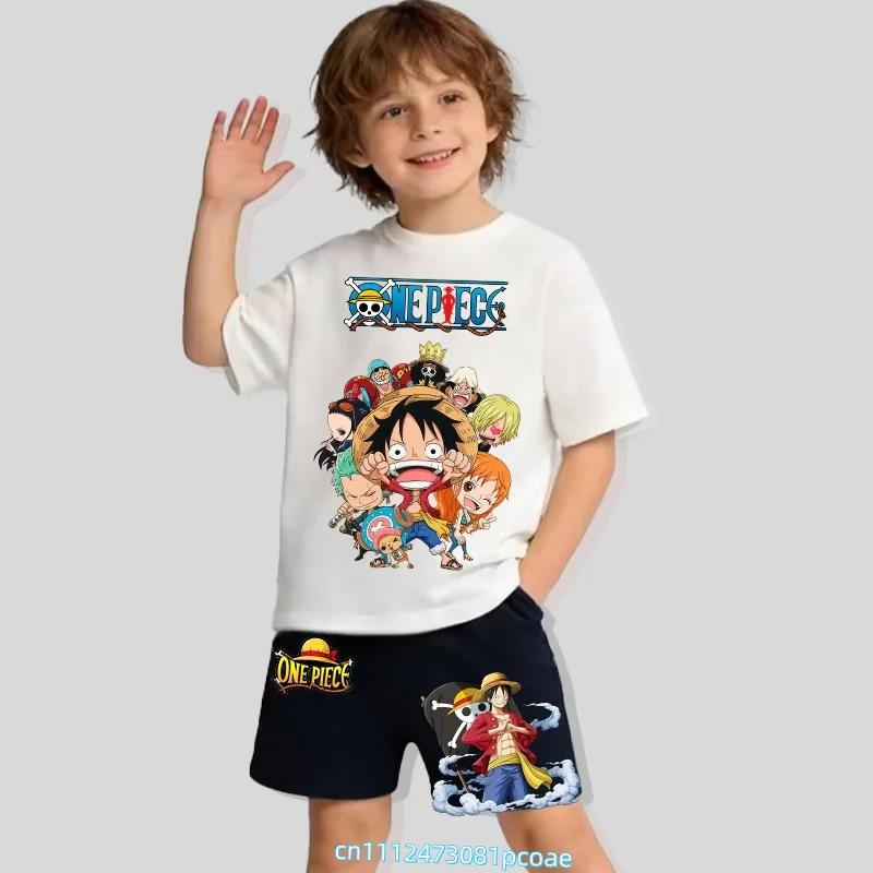 One Piece Children's Polyester Short-Sleeved Shorts Set with Cartoon Print - Boys' Sports Shirt for Summer T-Shirt Set of 2 Pieces