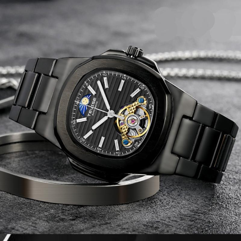 TEVISE Мужские роскошные водонепроницаемые часы из нержавеющей стали с механическим турбийоном и автоматическим механизмом для спорта и бизнеса