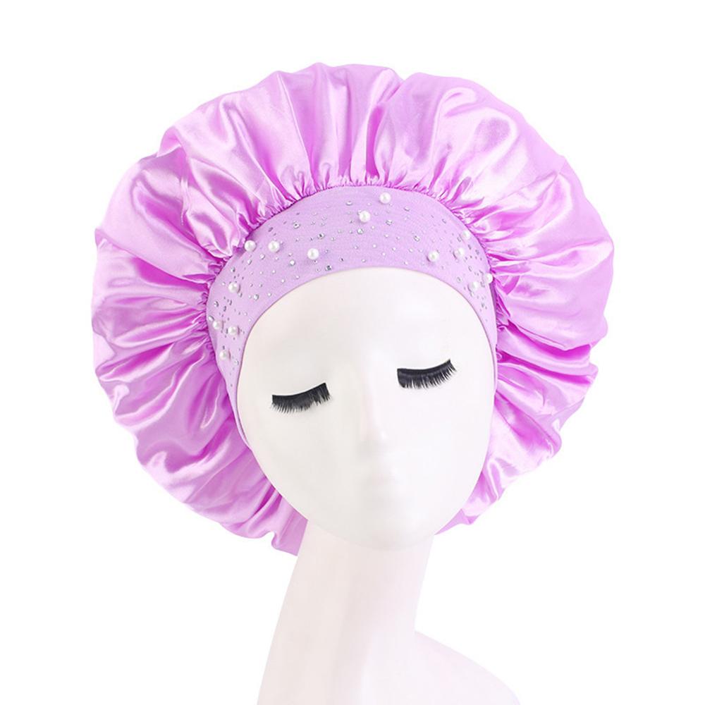 Satin Sleep Cap Rhinestone Bonnet Women Hat Night Hair Care Salon Shower Headband