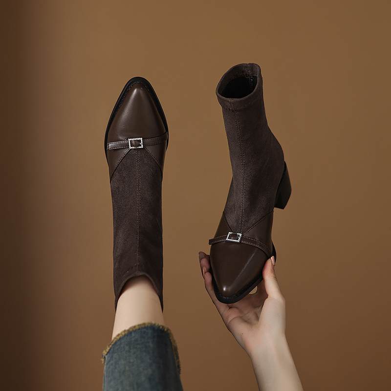 Krazing Po Микрофибра Зимние Остроносые Размер 33 Ковбойские Сапоги Размер 43 Металлическая Пряжка Толстый Каблук Эластичные Ботильоны