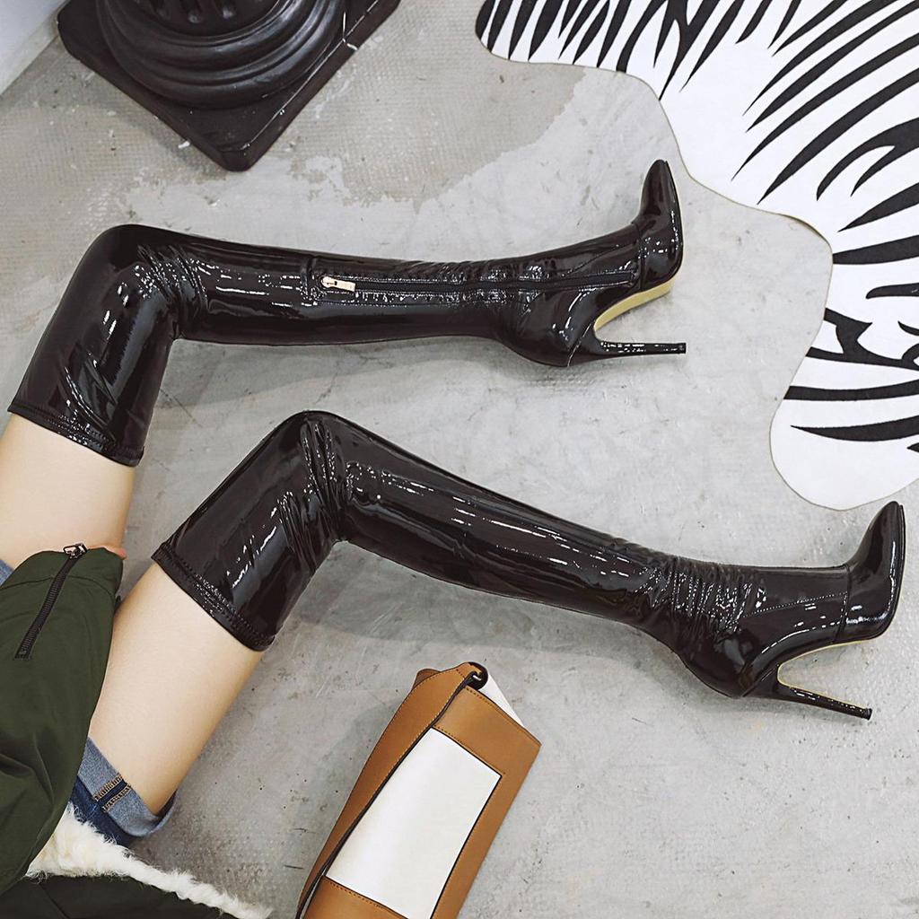 Q/Women's High Heeled Boots, Sexy Pointed Toe Thin Heel Knee Length Boots, Oversized Women's Shoes