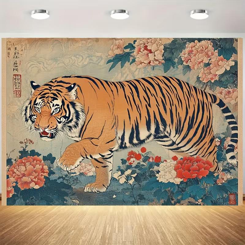 2D Traditional Japanese Tiger Tapestry Floral Peony Wall Hanging