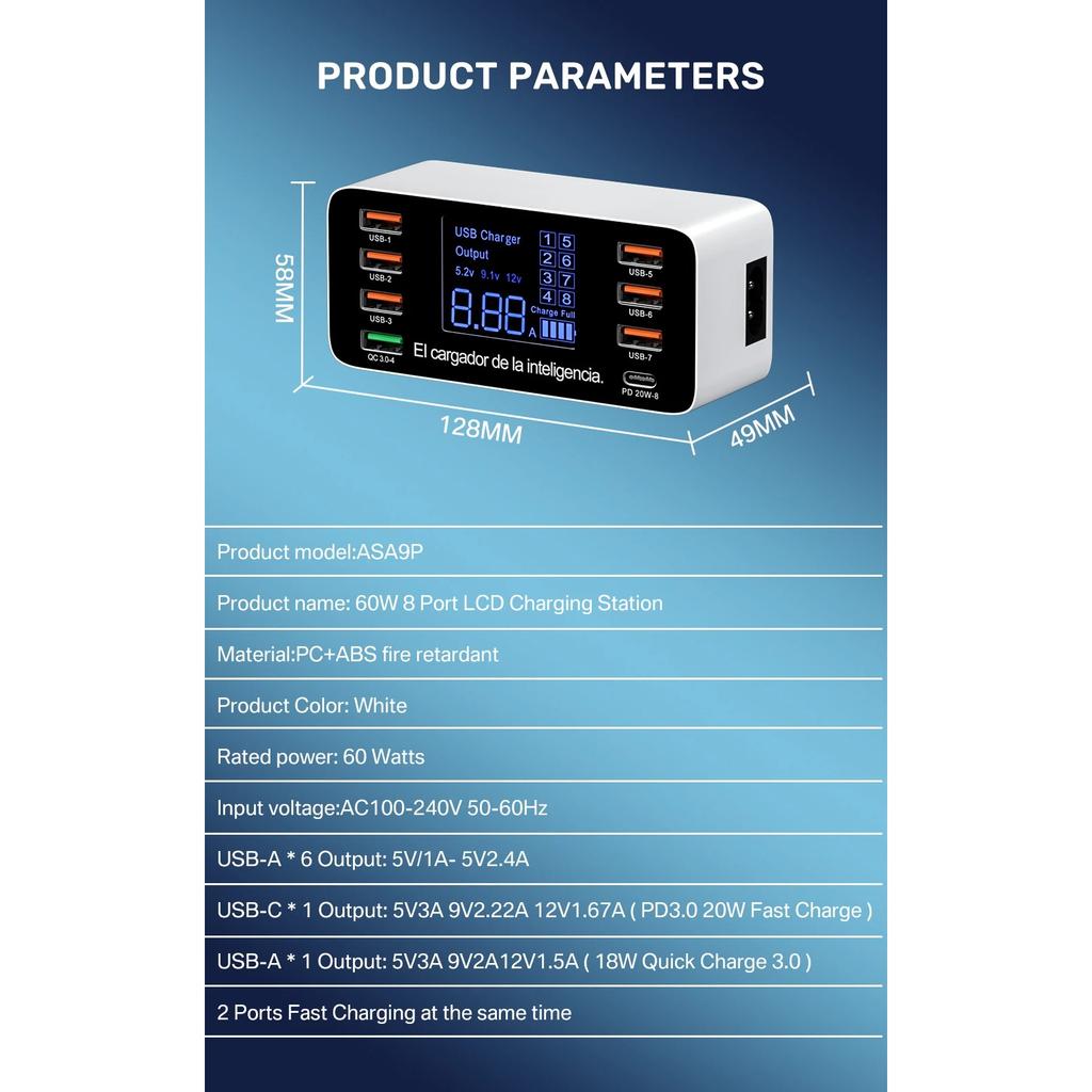 8 портов быстрой зарядки USB зарядное устройство QC3.0 быстрая зарядка тип C интеллектуальная зарядная станция ЖК-цифровой дисплей USB мультипорт для телефона