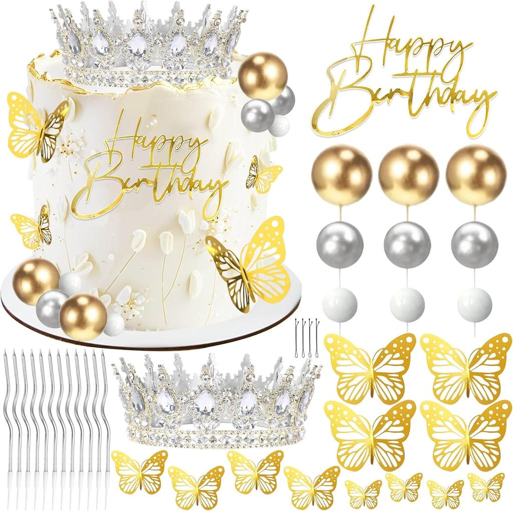 Корона Топпер для Торта, Шарики С Днем Рождения Топпер для Торта Корона Свечи на День Рождения Золотые Бабочки, Корона Para Pastel, Украшение для Торта