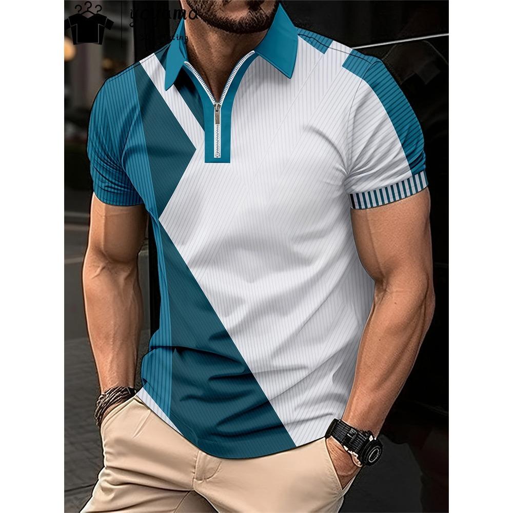 Мужская футболка-поло на молнии, модная клетчатая футболка с 3D-принтом, повседневная деловая футболка, мужское поло, уличная футболка с коротким рукавом на молнии