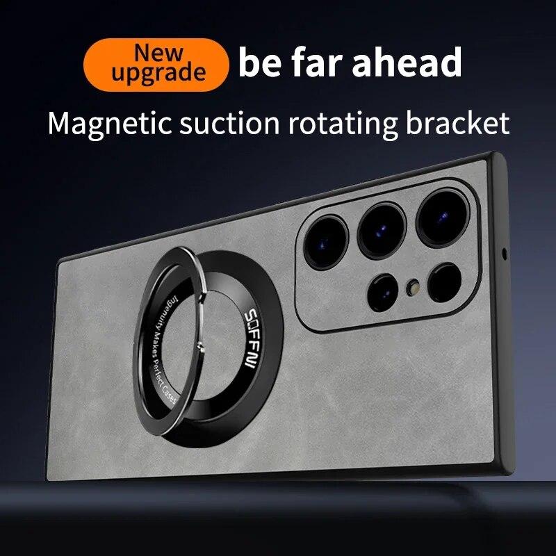 Для Samsung Galaxy S23 S22 S21 Ultra Magsafe чехол с кольцом для беспроводной зарядки, простой кожаный матовый магнитный противоударный чехол