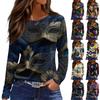Women's Fashionable Casual  Neck Long Sleeve Hem Split Carnival Print T-Shirt Top