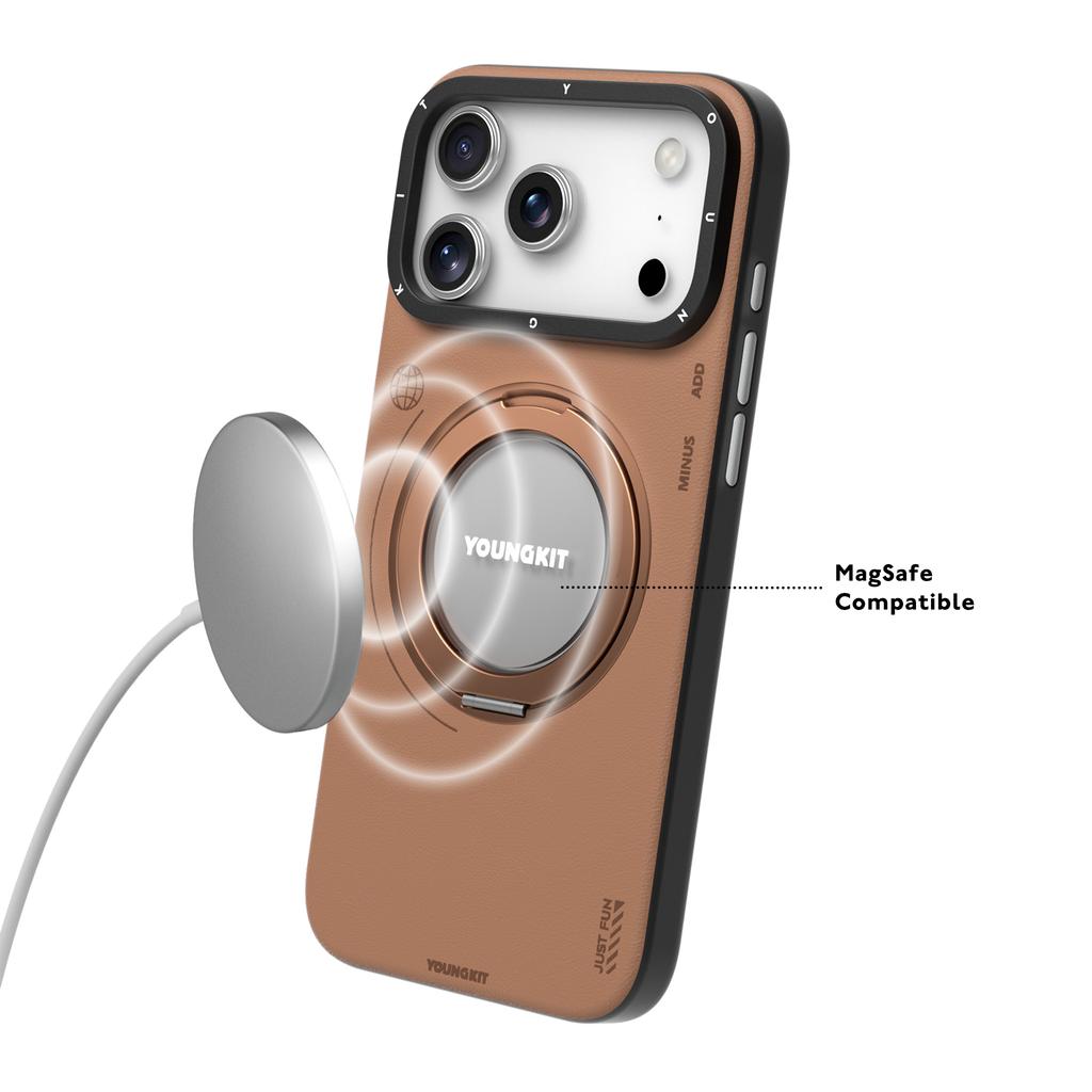 YOUNGKIT Чехол для iPhone 17 Pro Max с вращающейся подставкой, противоударный, из ТПУ + ПУ кожи, задняя крышка телефона