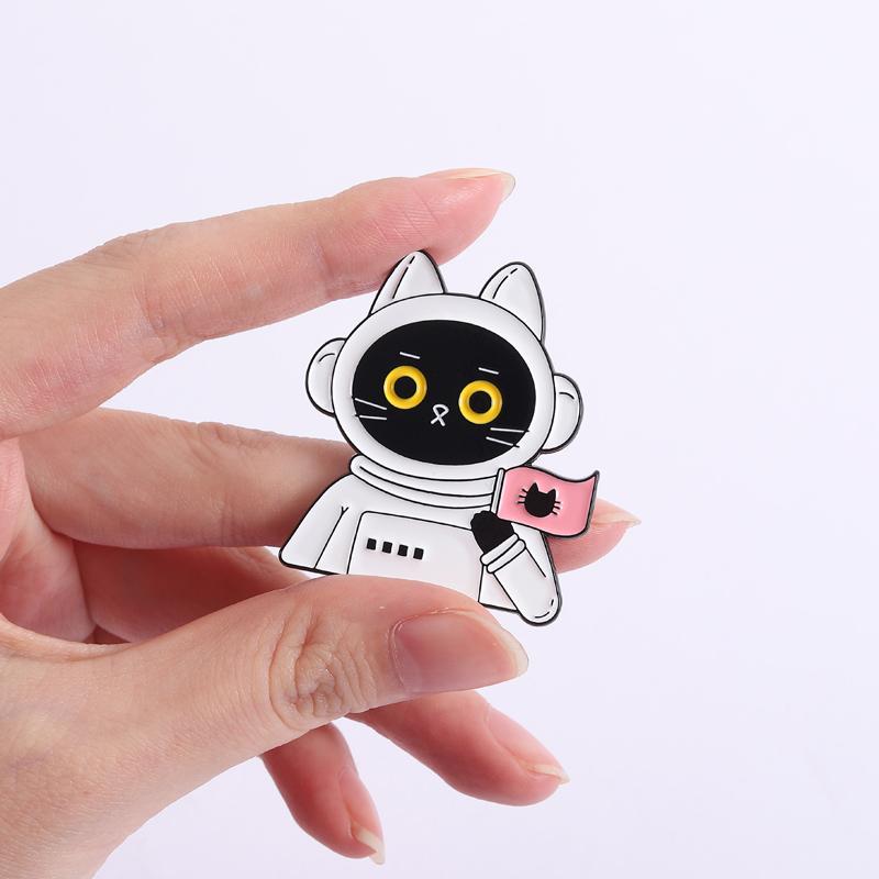 Black Cat Astronaut Enamel Pins Funny Traveling in Space Brooches Lapel Badges Cartoon Animal Jewelry Gift for Friends