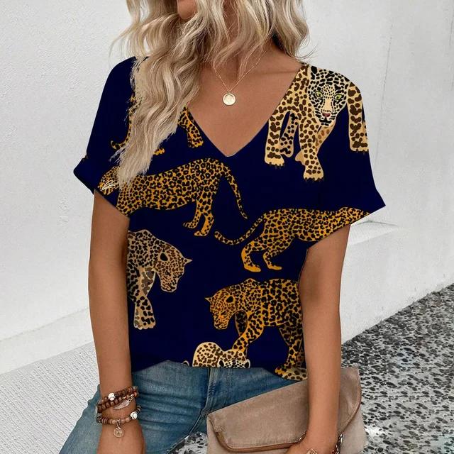 Summer Clothing V-neck Sexy Leopard 3D Print T-shirt Animal Pattern Women's Shirt Short Sleeve Street T-shirt