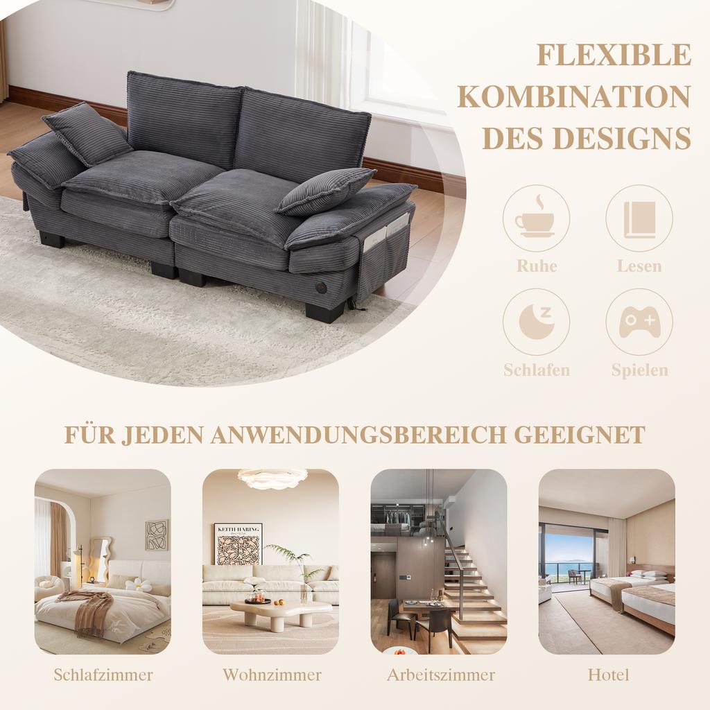 Modular Corduroy Sofa for 2 People with Wide Seat, Ergonomic Design, High-Density Foam Padding, USB-C Port. Ideal for Living Room. Dark Gray