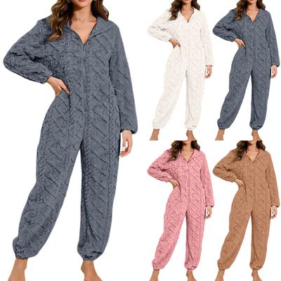 Женская мода Однотонная плюшевая домашняя одежда Повседневный комбинезон с капюшоном на молнии и длинными рукавами Пижама