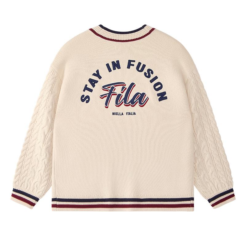 Fila Fusion Ретро Колледж Мода Универсальный V-образный вырез Вязаный Свитер Женские топы Молочно-Бежевый T11W433403FBG