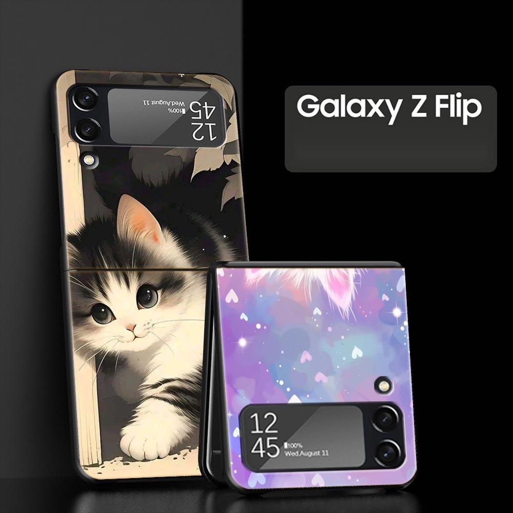 Яркий дизайн с кошкой, жесткий ПК чехол для телефона Samsung Galaxy Z Flip 7 6 5 4, черная крышка для Galaxy Z Flip 3, складной корпус, Fundas