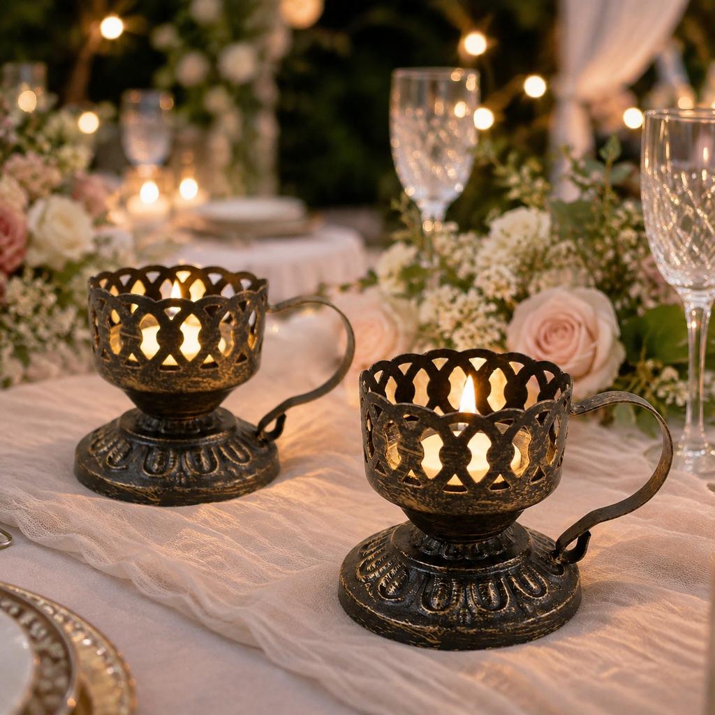 2pcs Vintage Distressed Black Brushed Gold Metal Candle Holders for Tea Lights and Votive Candles with Curved Handles and Openwork Cups