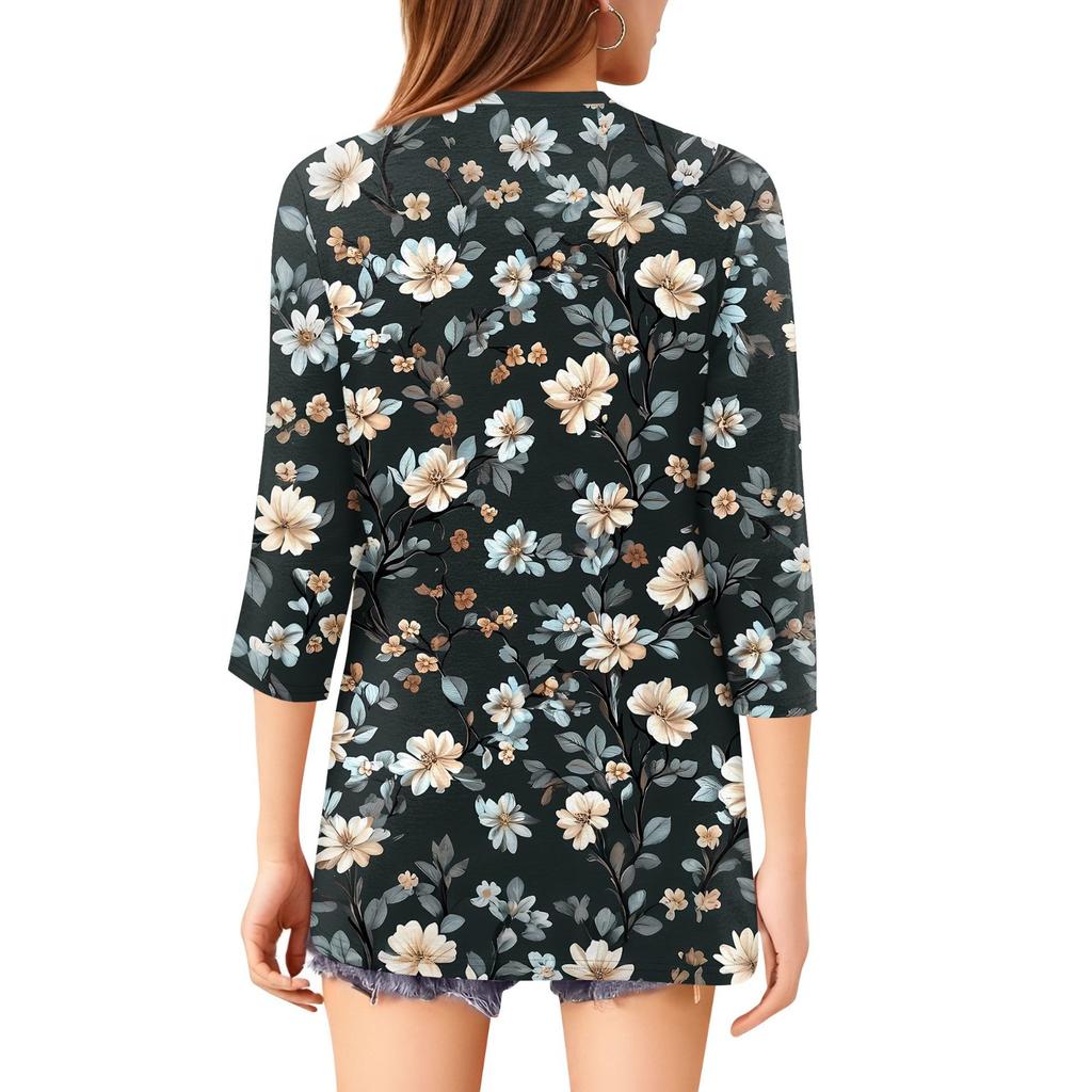 Женский модный повседневный пуловер с рукавом 3/4, принтом на пуговицах и V-образным вырезом