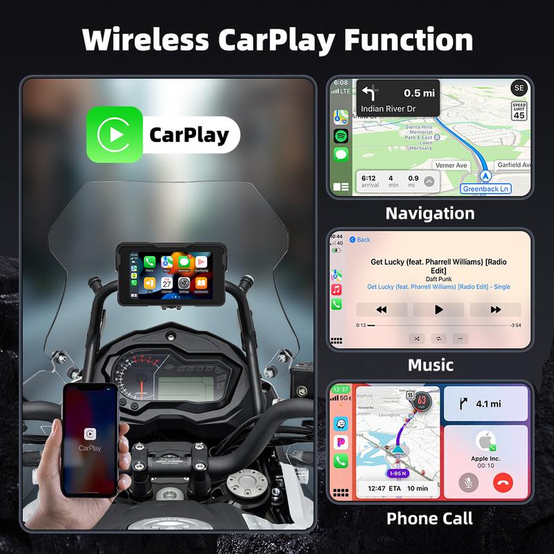 5-дюймовый Мото Беспроводной CarPlay и Android Auto Съемный Экран Навигации GPS для Приборной Панели Мотоцикла Цифровой Дисплей Водонепроницаемый