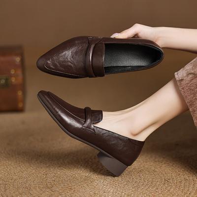 Новые женские остроносые туфли из натуральной кожи, слипоны, обувь больших размеров, толстая подошва, нескользящая и удобная мягкая подошва, туфли-лодочки на среднем каблуке