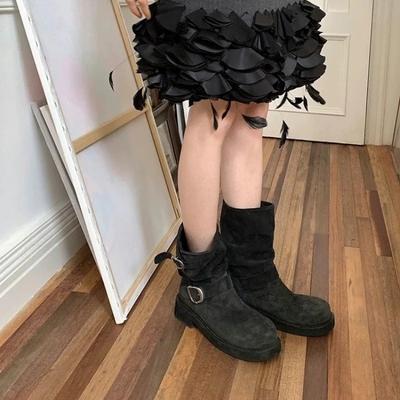 Новые женские туфли 2024 года, модные однотонные женские ботинки с круглым носком и квадратным каблуком, короткие женские ботинки на среднем каблуке