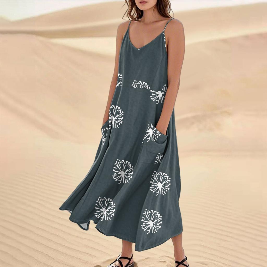 Women's Casual V Neck Dot Print Sleeveless Pocket Suspender Dress