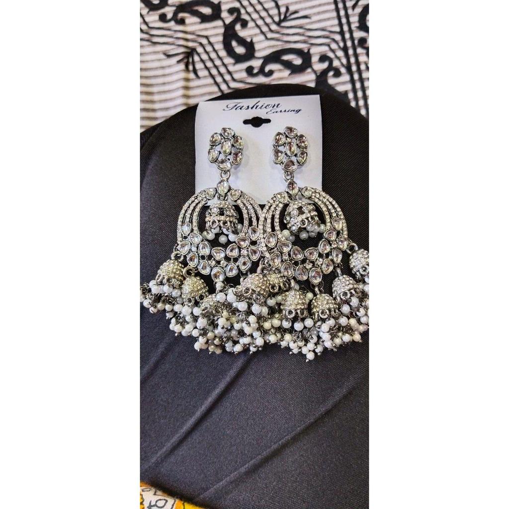 Женские серьги-капли Jhumki Drops из антикварного серебра с кунданом и австрийскими бриллиантами