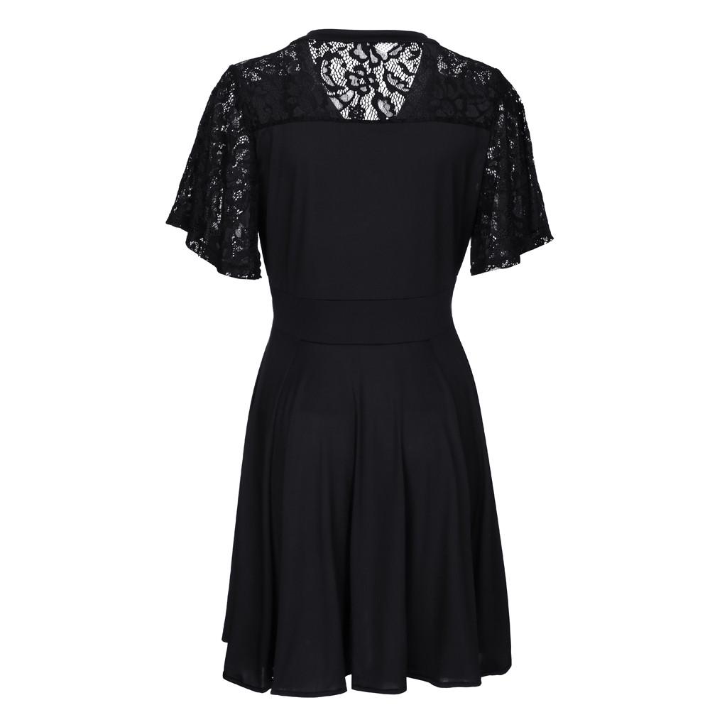 Fashion Women Plus Size Casual Solid V-Neck Short Sleeve Lace A-Line Swing Dress