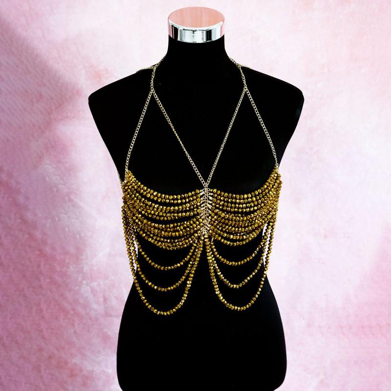 Sparkling Crystal Multi-Layer Tassel Body Chain Women Choker Style Metal Neckline Jewelry Party Streetwear