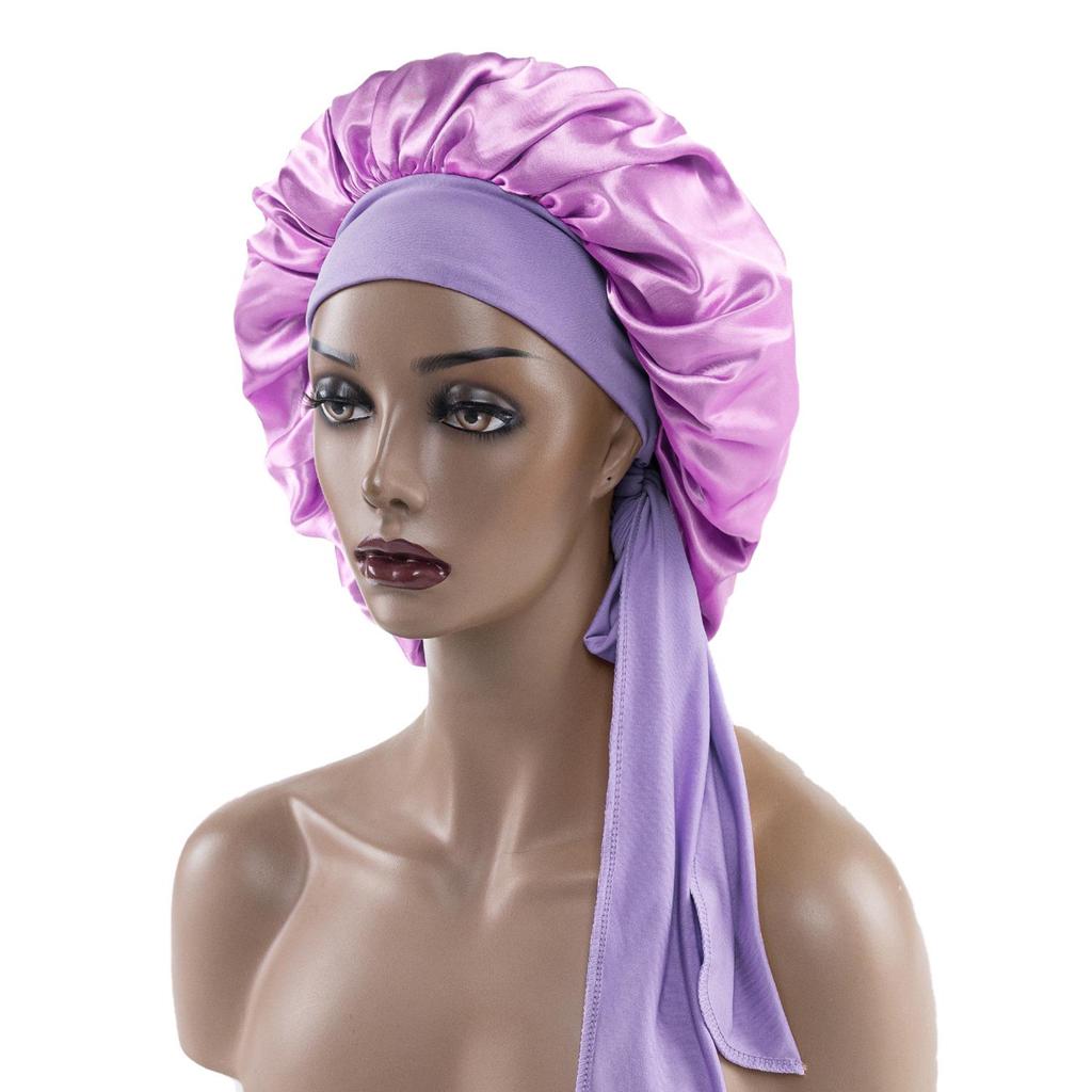 Satin Nightcap with Wide Elastic and Long Tail - Extra Large Women's Ribbon Shower Hat