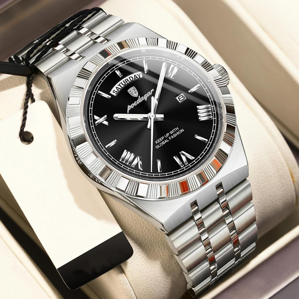 POEDAGAR Business Male Watch Luminous Waterproof Stainless Steel Men Wristwatch Week Date Quartz Fashion Men's Watches