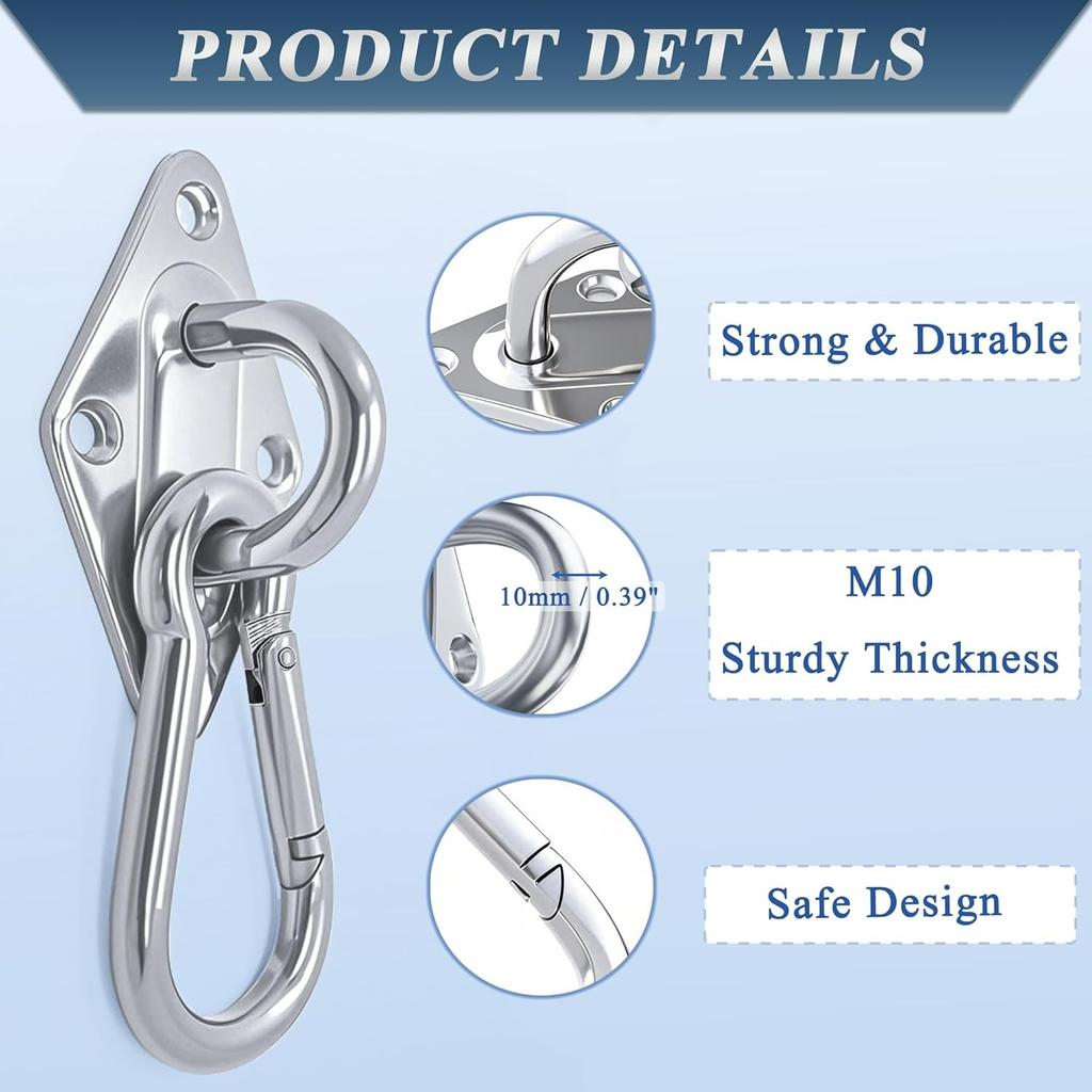 Stainless Steel Pad Eye Hooks2PCS M10 Snap Hooks,Heavy Duty Hammock for Hanging,1300lbs Capacity for Swing Set,Plant Hanger,Outdoor Lights