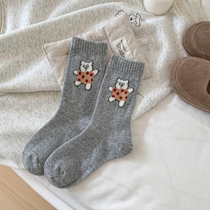 Dancing Bear Autumn and Winter Thickened Warm Wool Socks for Girls, Girls' School Wind Tube Socks