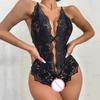 Sexy Women Bodysuit See-through Hollow Out Lace Bow Open Crotch Sleeveless Sknny Low-cut Cross Back Adjustable Spaghetti
