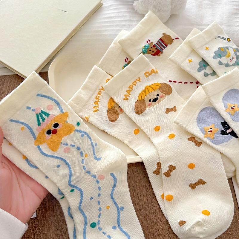 Female Summer Thin Cartoon Illustration Dog Star White Medium Tube Cotton Socks