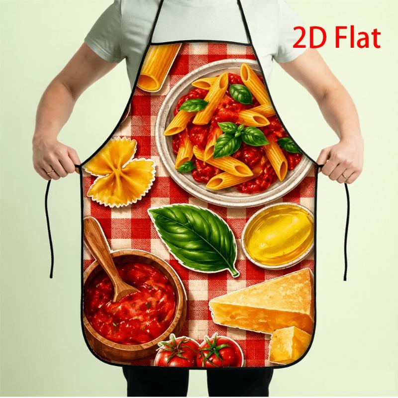 1pc 2D Flat Printing Kitchen Apron, Italian Food Ramen, Penne Tomato Sauce, Basil, Parmesan Cheese, Red And White Checkered Tablecloth Pattern, Cookin