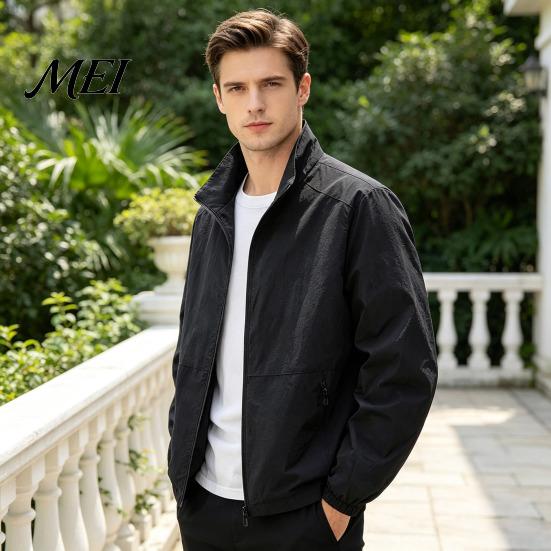 Solid Color Slim Fit Jacket Men Windbreaker Jacket, Windproof Waterproof Stand Collar Coat, Casual Zip-up Fashionable Layering Tops for with Zippered
