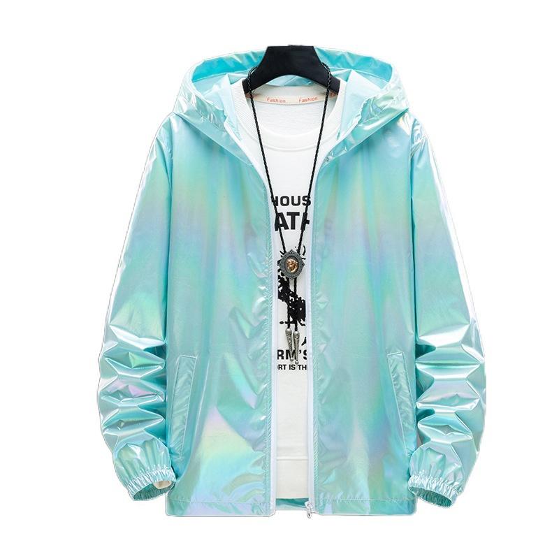 Unisex Shiny Jacket Laser Hooded Coat Iridescent Holographic Harajuku Sun Protect Top Plus Size