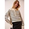 Women's Bone Black Button Collar Striped Knitwear Sweater Lx00040