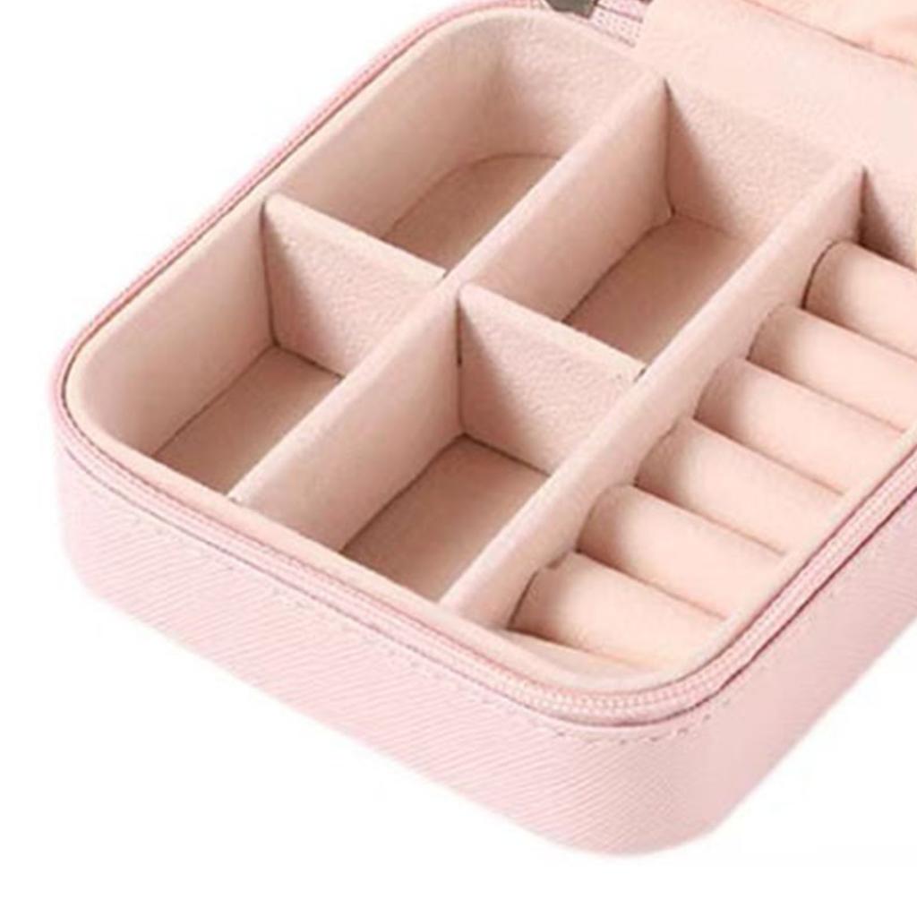 Portable Jewelry Case Multiple Grids Lightweight Mini Travel Jewellery Box with Zipper for Home Business Trip Pink