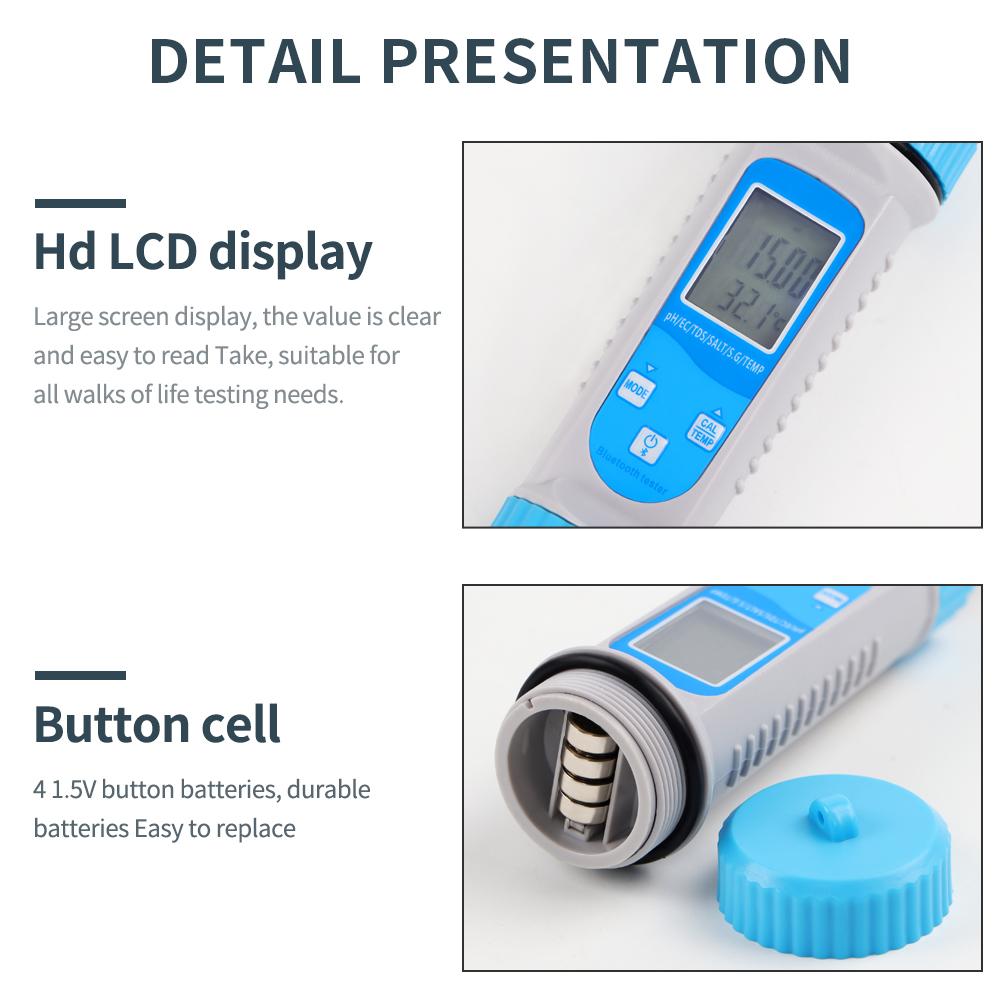 Bluetooth-приложение PH-метр 6 в 1 Тестер-монитор качества воды PH/EC/TDS/Соленость/S.G/Темп для питьевой воды, аквариумов, гидропоники