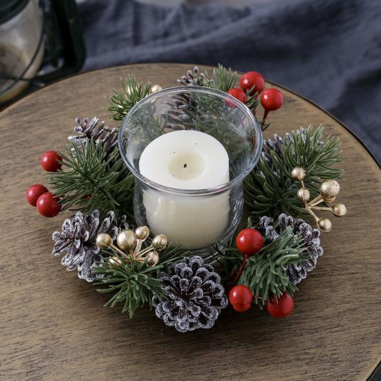 Christmas Candle Ring Artificial Pine Needle Pinecone Berries Garland Rustic Festive Candle Wreath for Home Table Centerpiece Decor