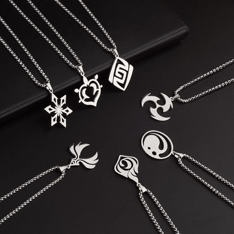 Genshin Impact Titanium Pendant Necklaces Element Pyro Hydro Anemo Electro Dengro Cyro Geo Hutao Boo Jewelry for Players Fans