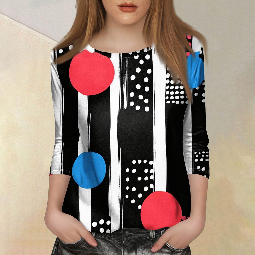 Women's Fashion Casual Seven Sleeve Printed Round Neck T-Shirt Top