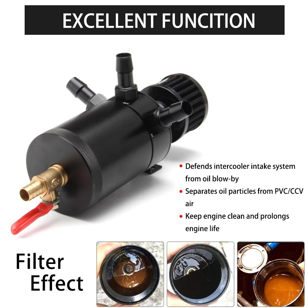 Aluminum Racing Baffled Oil Catch Can Tank 2-Port Reservoir with Drain Valve Breather Cylinder Filter Kit for GM OCC-1023A
