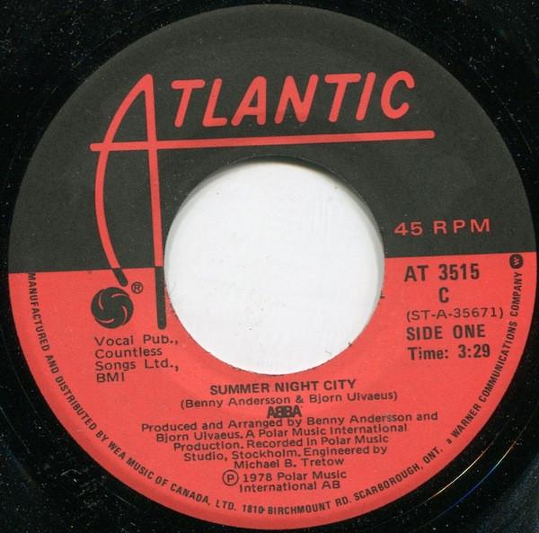 7-дюймовая пластинка ABBA Summer Night City AT3515 Atlantic 1978 Канада Рок Б/у