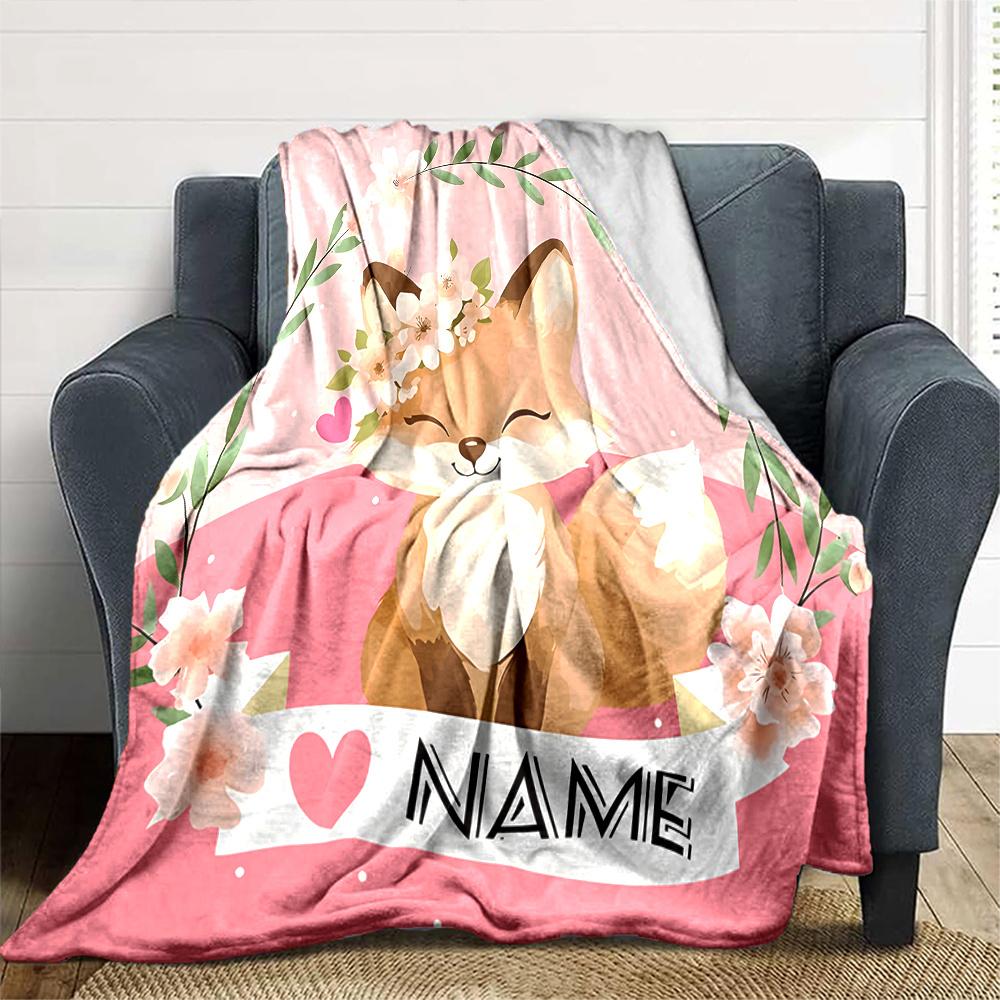 Fox With Floral Crown And Heart Ribbon Design Multipurpose Customizable Blanket Personalized Text Warmthful Decor For Sofa Couch Office Bed Picnics