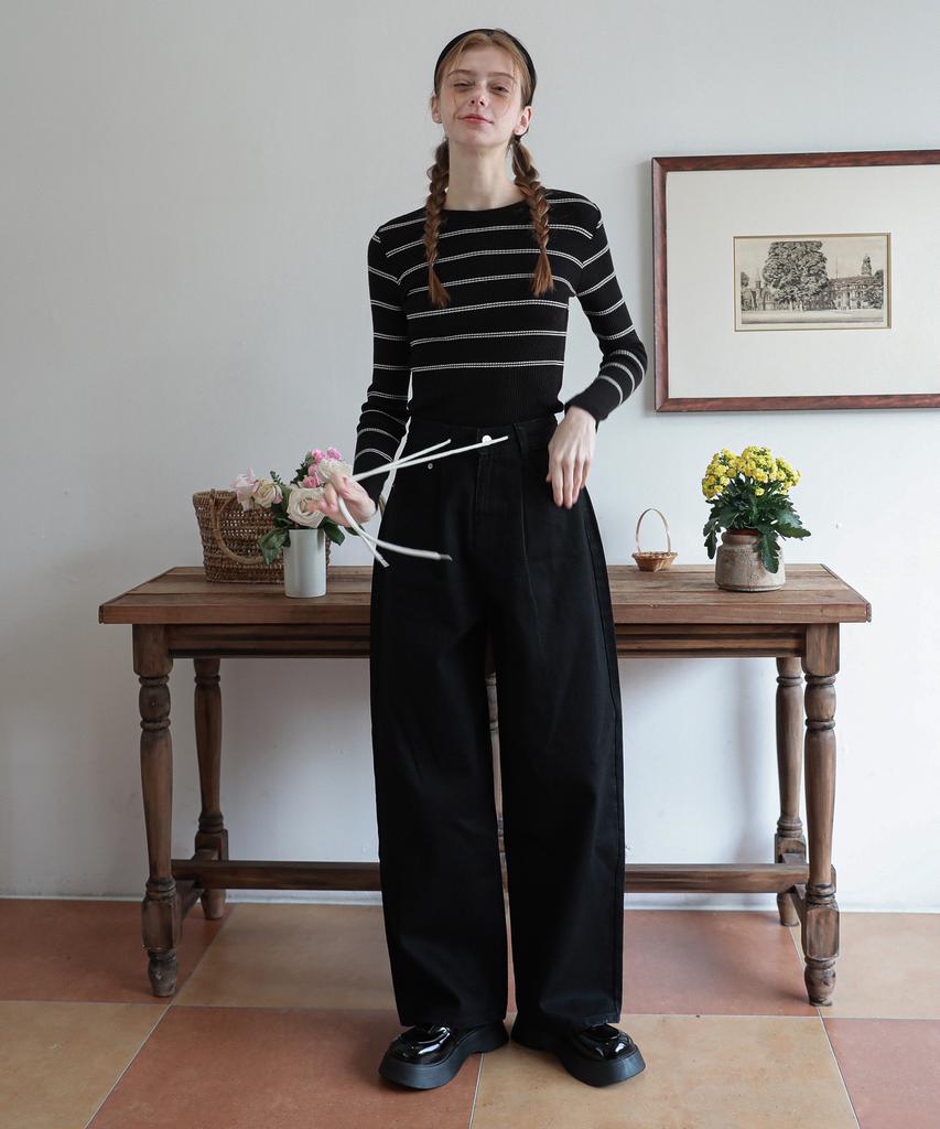LOSSYROW Wide String Denim Pants Black