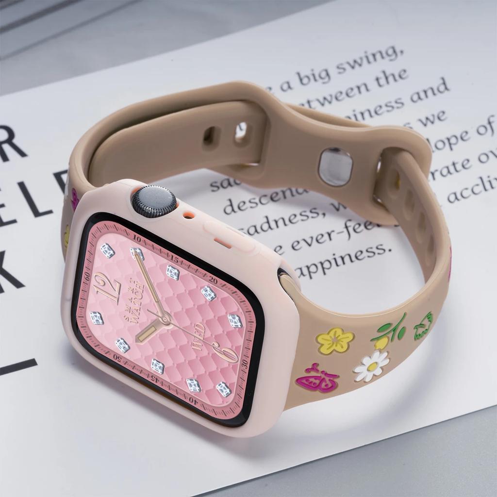 Милый цветной силиконовый ремешок с цветами для Apple Watch 42 мм 46 мм 44 40 мм 49 45 38 41 мм, тонкий ремешок для iwatch 10 9 8 SE 7 6 5 для девушки